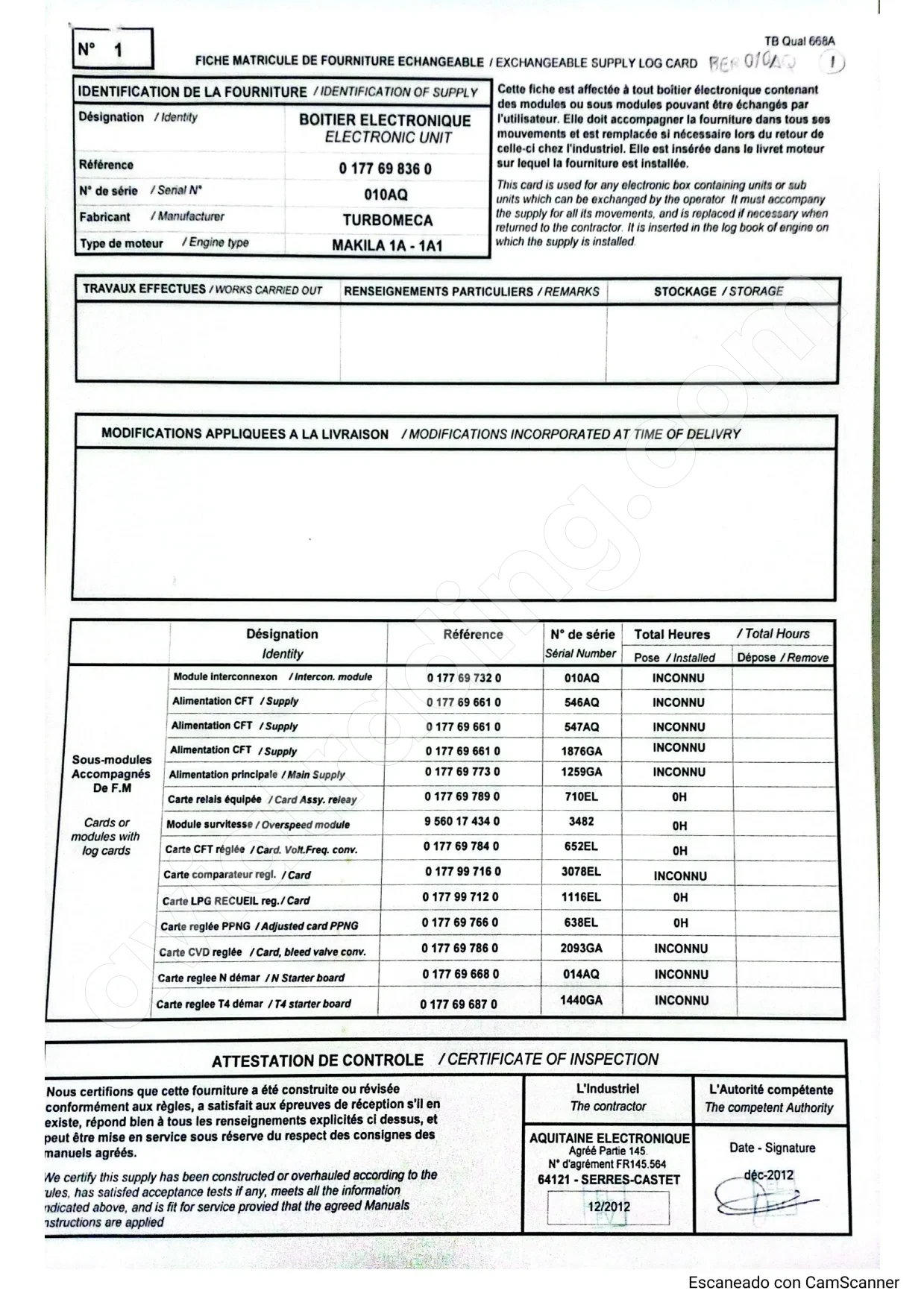 P/No. 0177698360 Electronic control units for the MAKILA 1A and 1A1 engines.