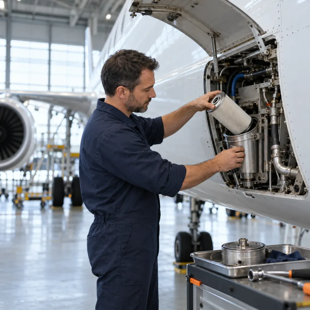 Mechanic replacing a filter element during routine aircraft maintenance