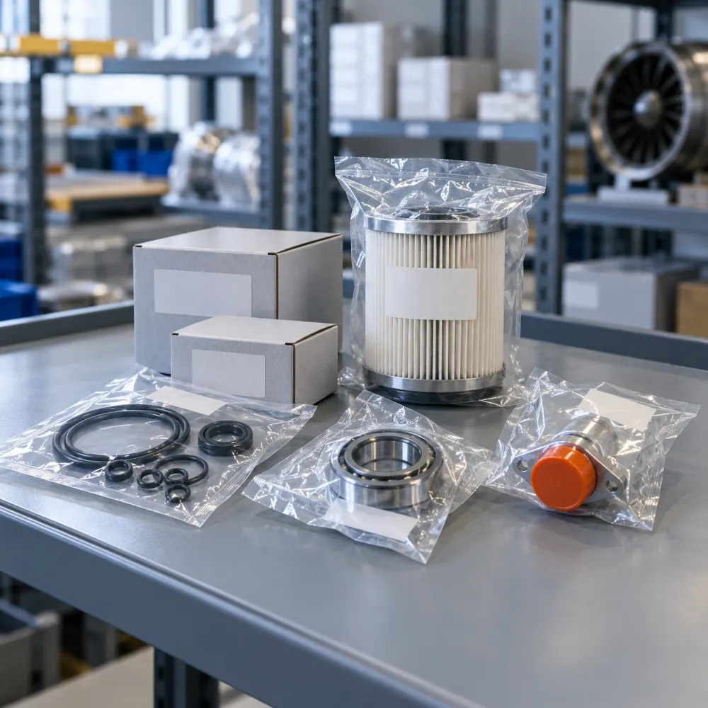 Sealed packages of new aircraft parts with labels on a stores shelf