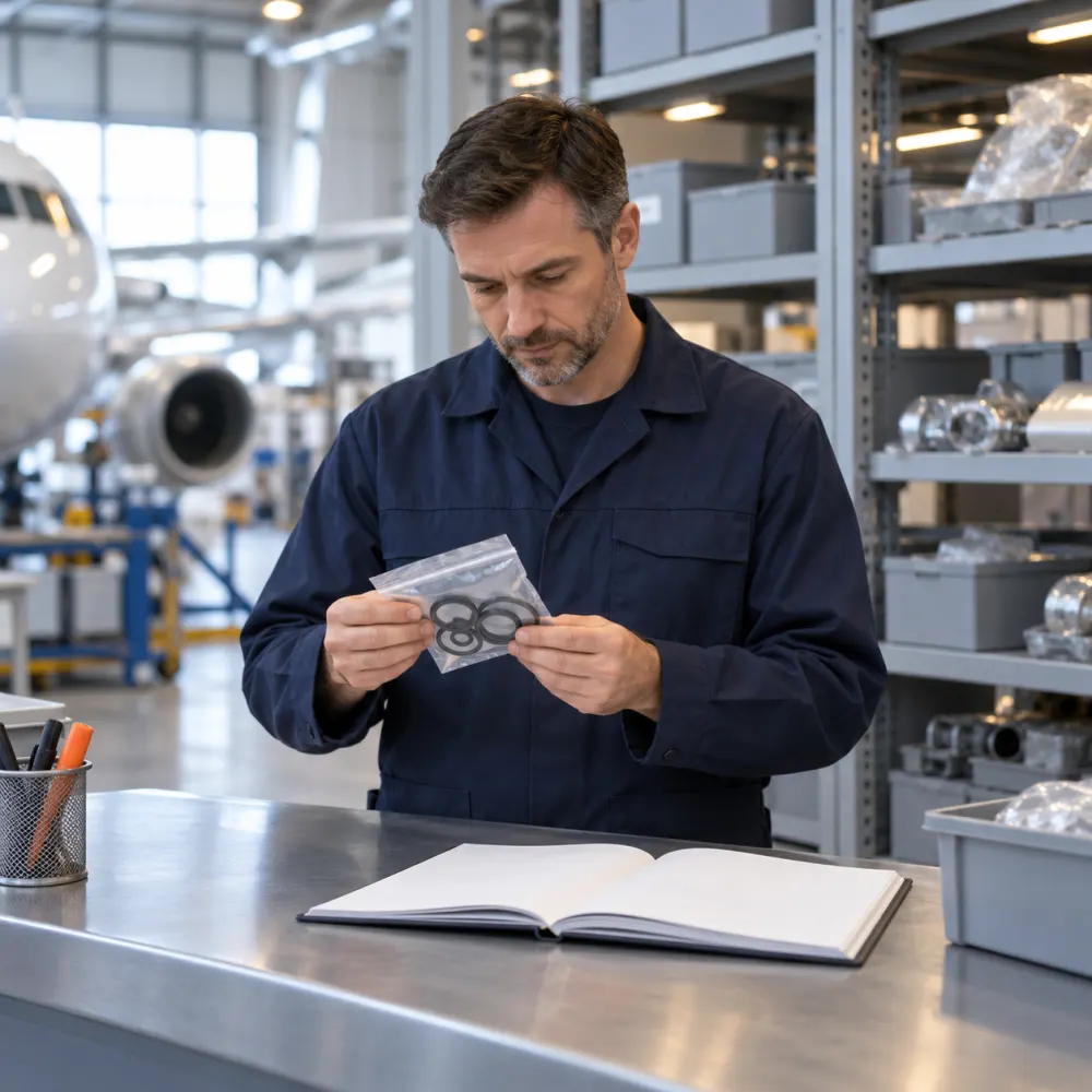 Stores clerk checking the cure date on a packet of aircraft seals