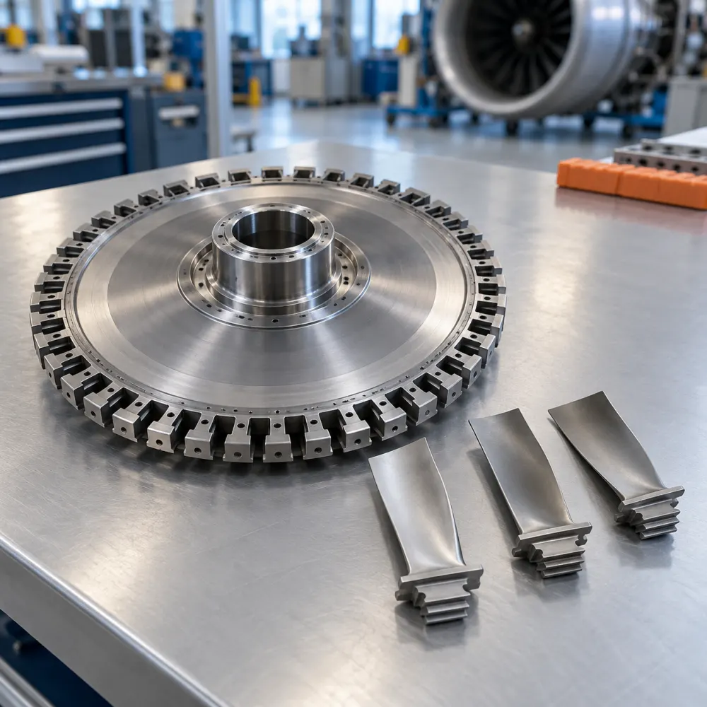 Turbine blades and a compressor disc laid out on an inspection table