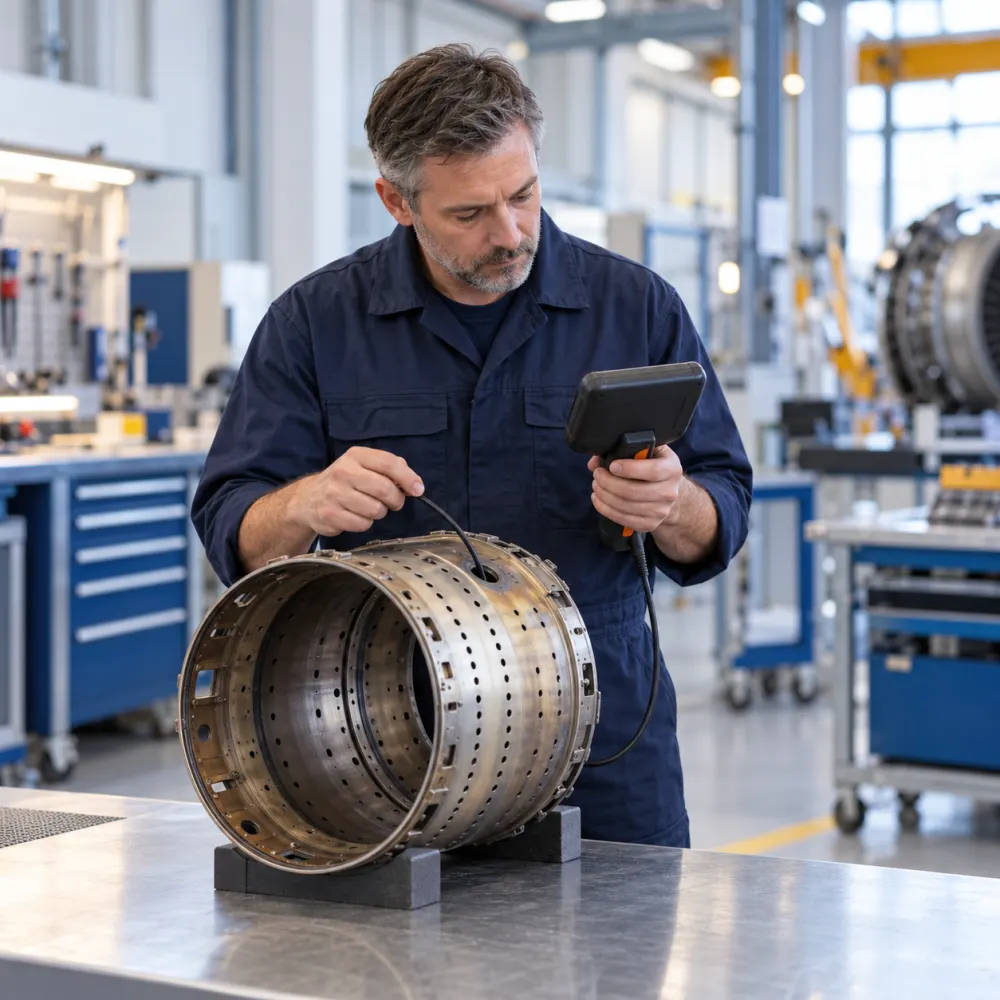 Engine technician inspecting a combustion chamber component with a borescope