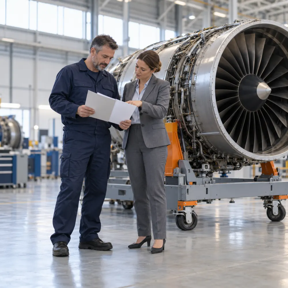 Engine shop manager and a buyer reviewing documents beside an engine on a transport stand