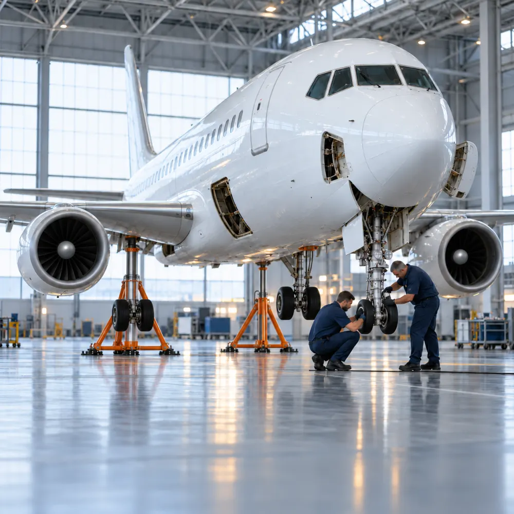 Aircraft on jacks in a hangar with access panels open and technicians at the landing gear