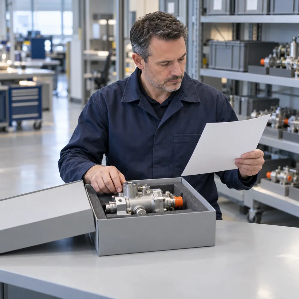 Quality inspector checking a boxed component against its release certificate