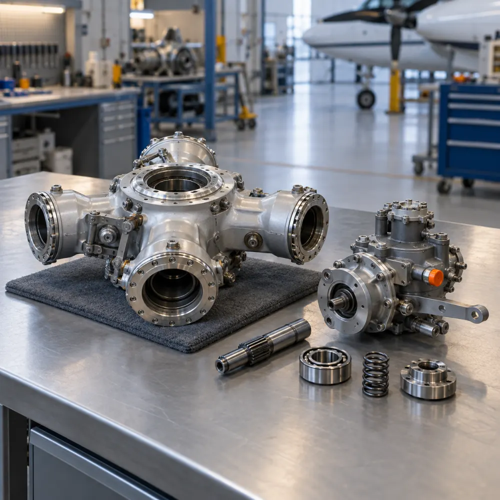 Propeller hub and governor parts laid out on a workshop bench