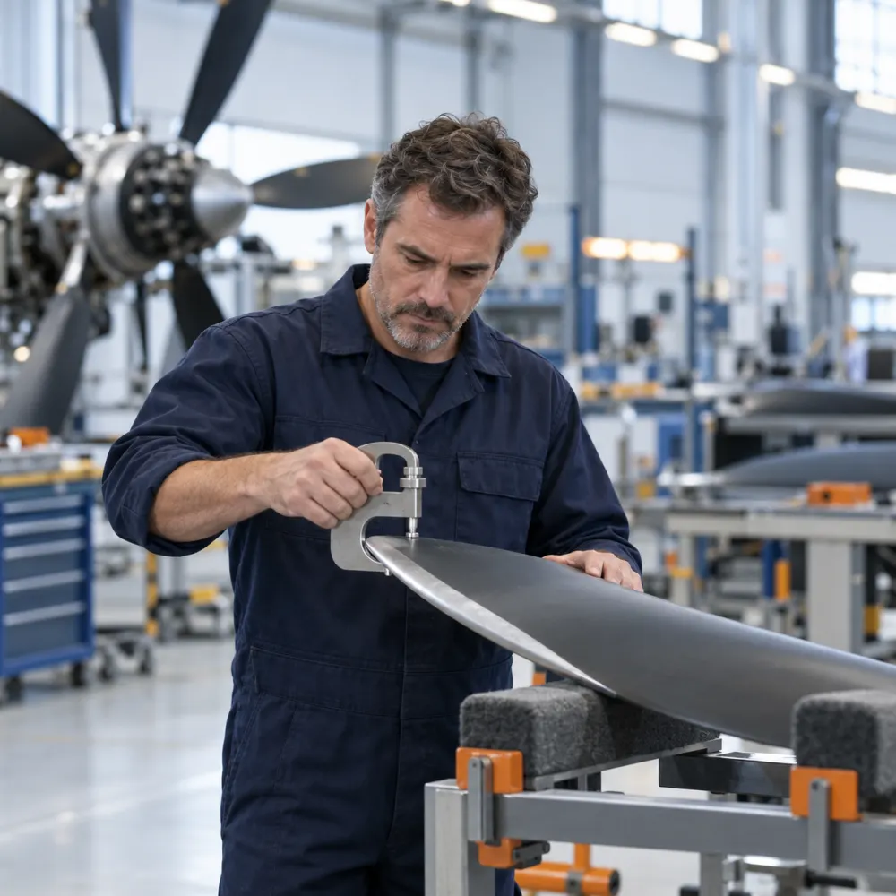 Technician measuring the leading edge of a propeller blade