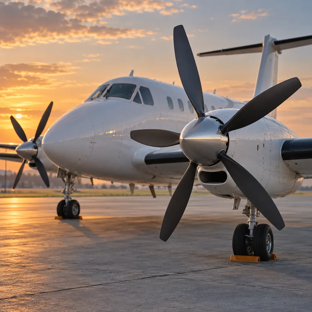 Turboprop aircraft on an apron with its propeller in view