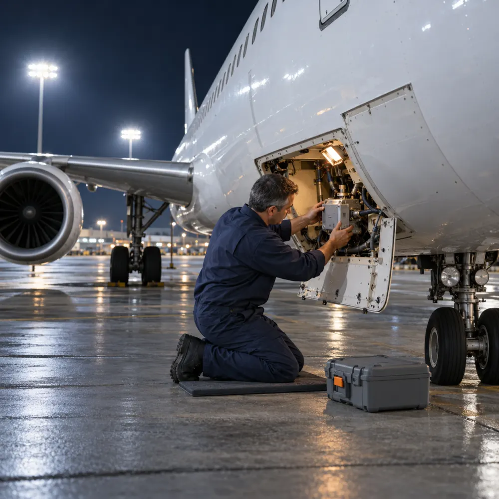 Line maintenance technician replacing a component on an aircraft at night