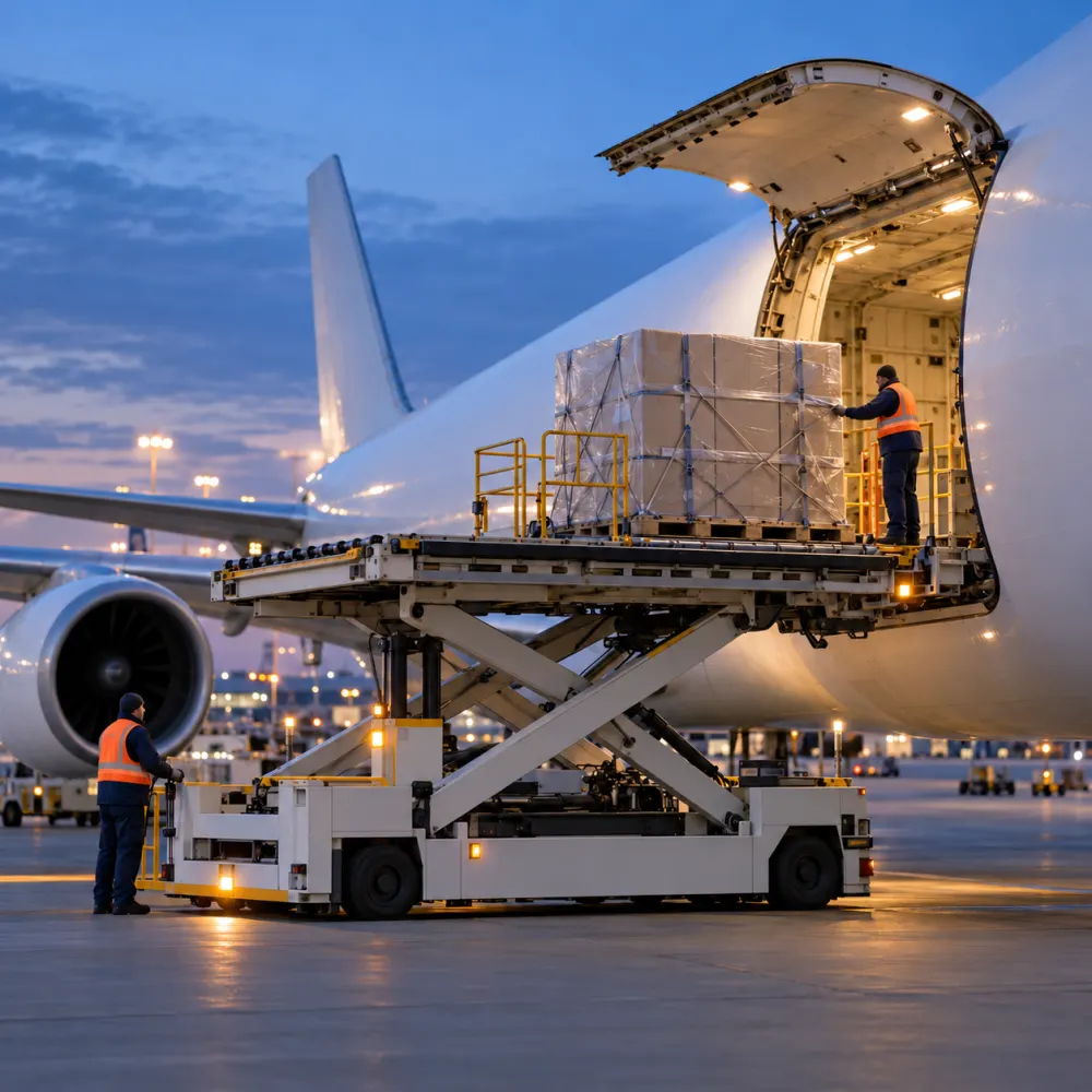 Boxes of aircraft parts being loaded onto a cargo aircraft at dusk