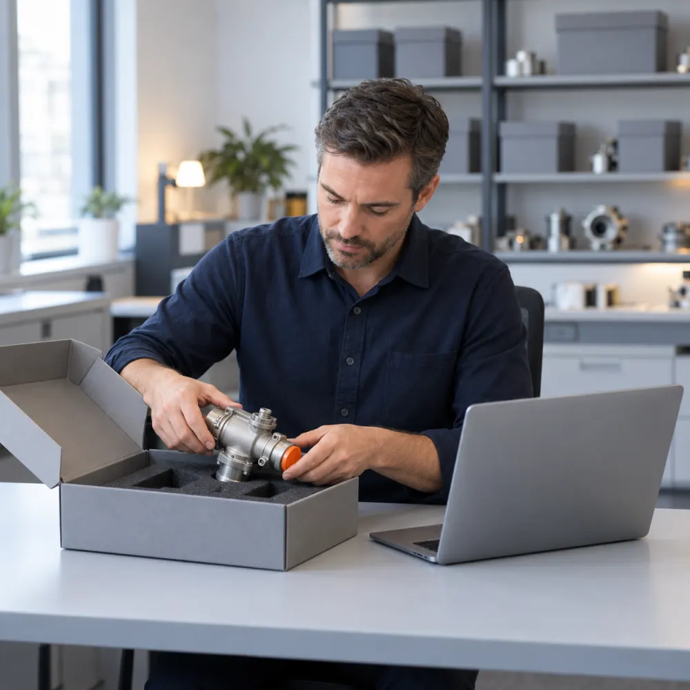 Parts trader packing a component into a padded box next to a laptop
