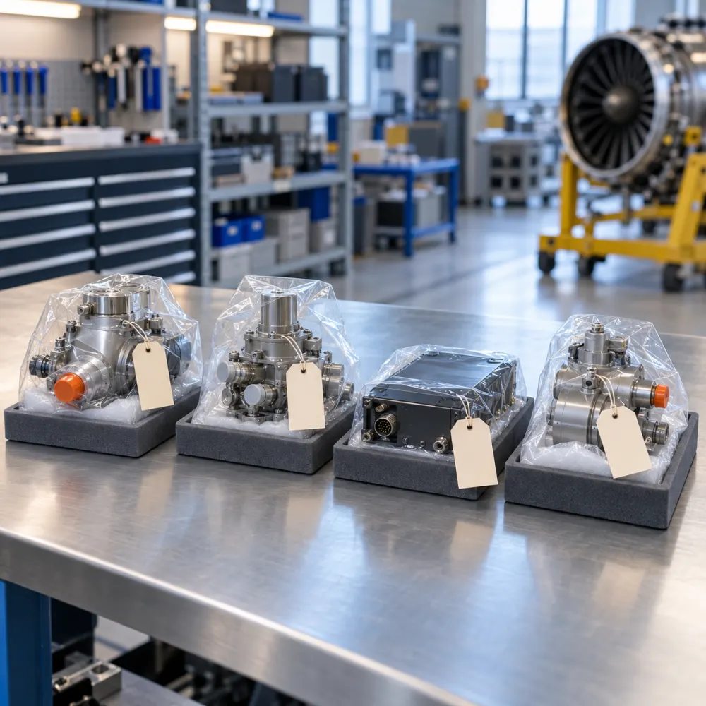 Wrapped and tagged overhauled aircraft components on a workshop bench