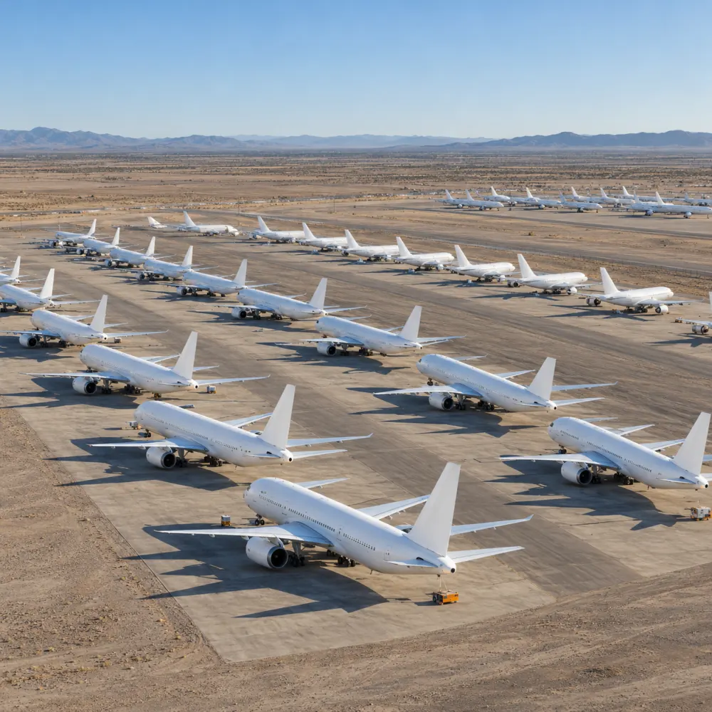 Aerial view of rows of parked airliners at an aircraft storage site