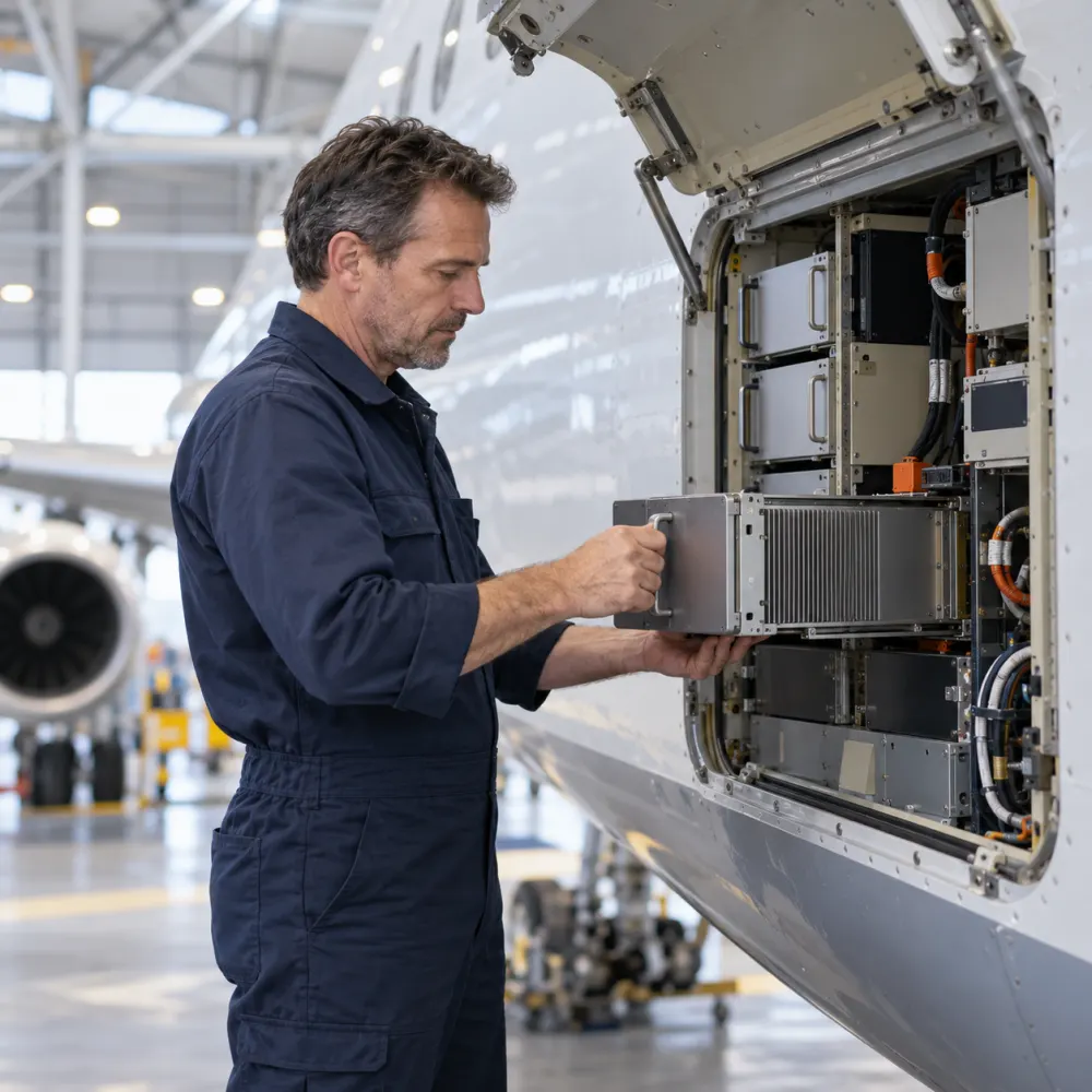 Avionics technician removing a unit from an aircraft equipment rack