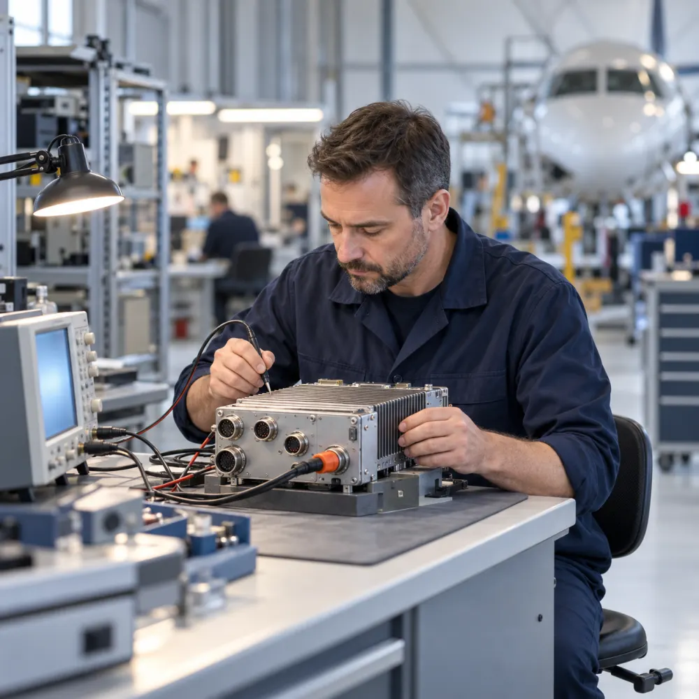 Technician running a bench test on an avionics unit in a repair shop