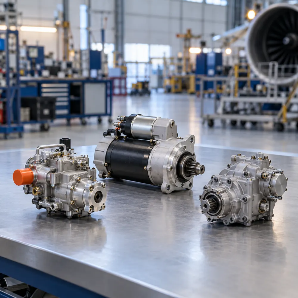 Engine accessories — a fuel pump, a starter and a gearbox — on a workshop bench