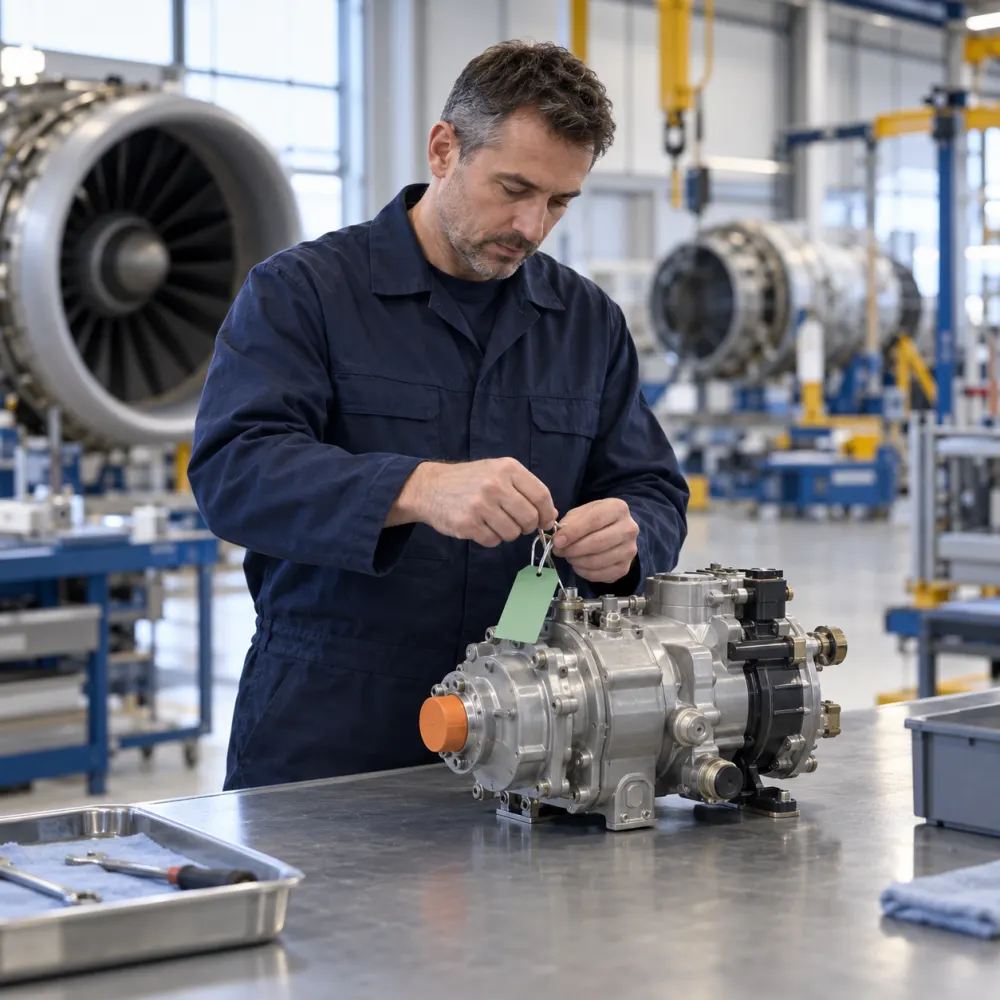 Technician tagging an engine component in an overhaul shop