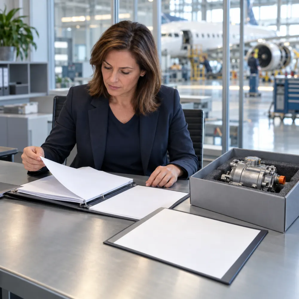 Buyer reviewing engine part records and a release certificate at a desk