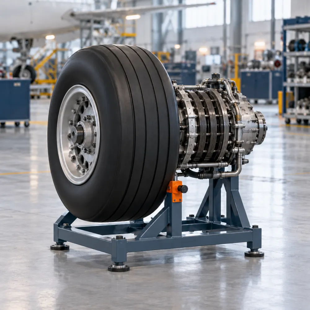 Aircraft wheel and brake assembly on a workshop stand