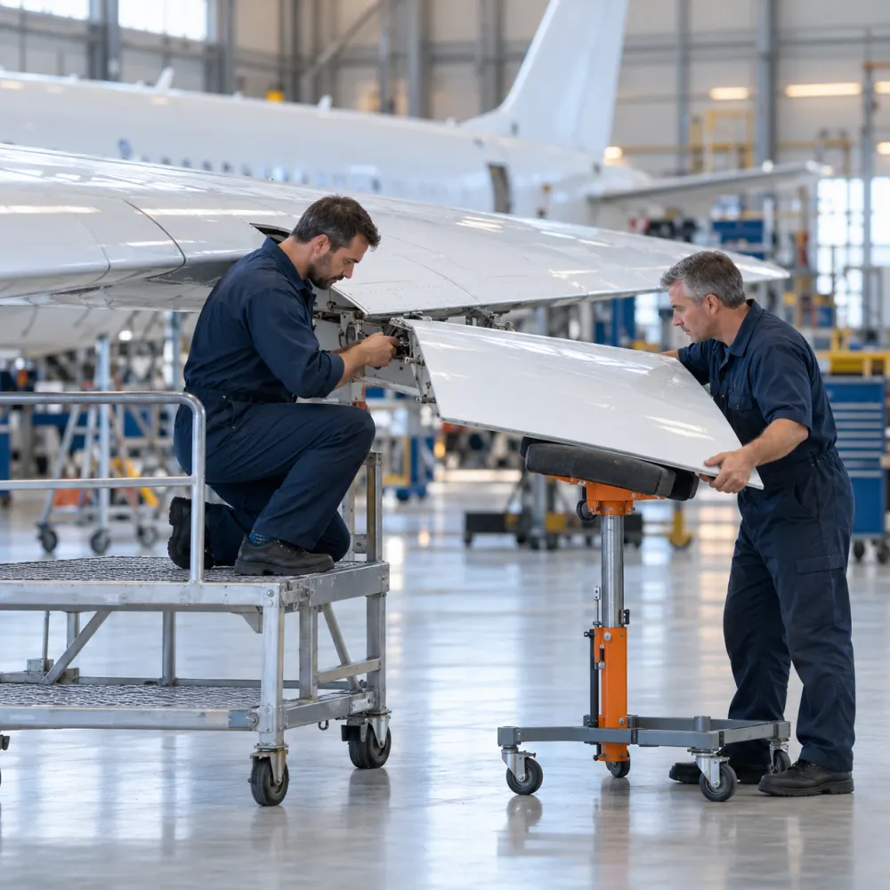 Technicians fitting a flight control surface on an aircraft wing in a hangar
