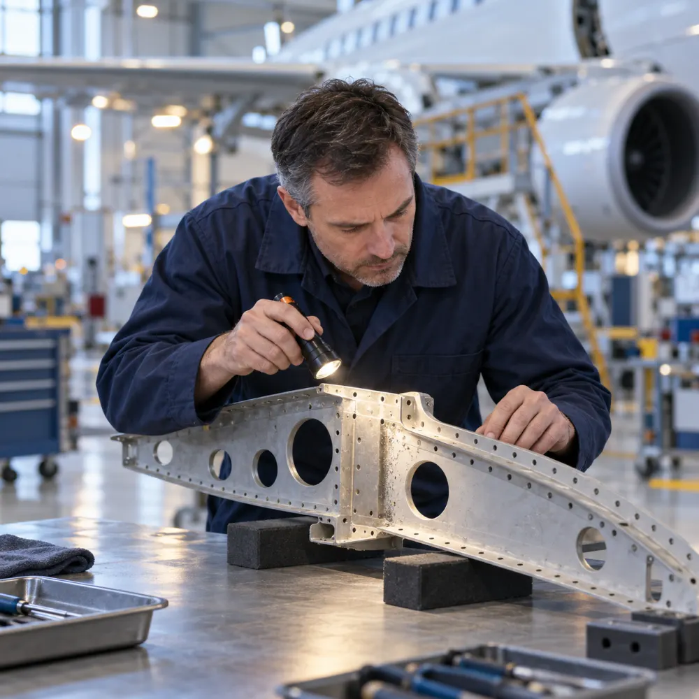 Inspector checking a structural component for corrosion with a flashlight
