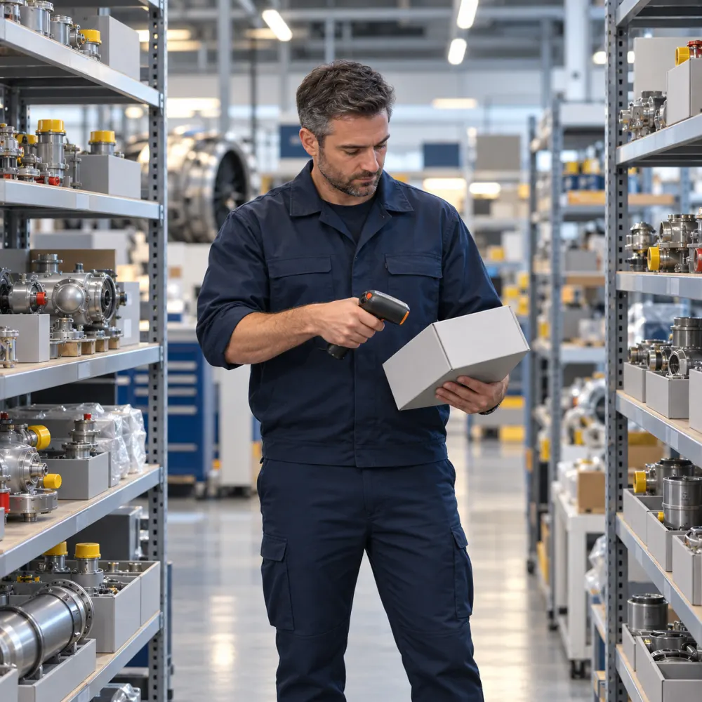 Stores clerk scanning a part box between shelves of aircraft components