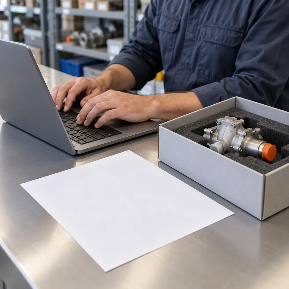 Seller entering part details next to a boxed aircraft component