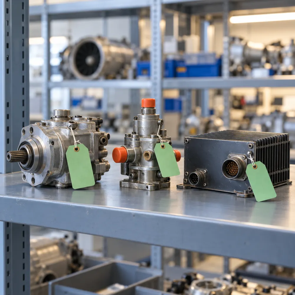 Tagged serviceable aircraft components on a workshop shelf