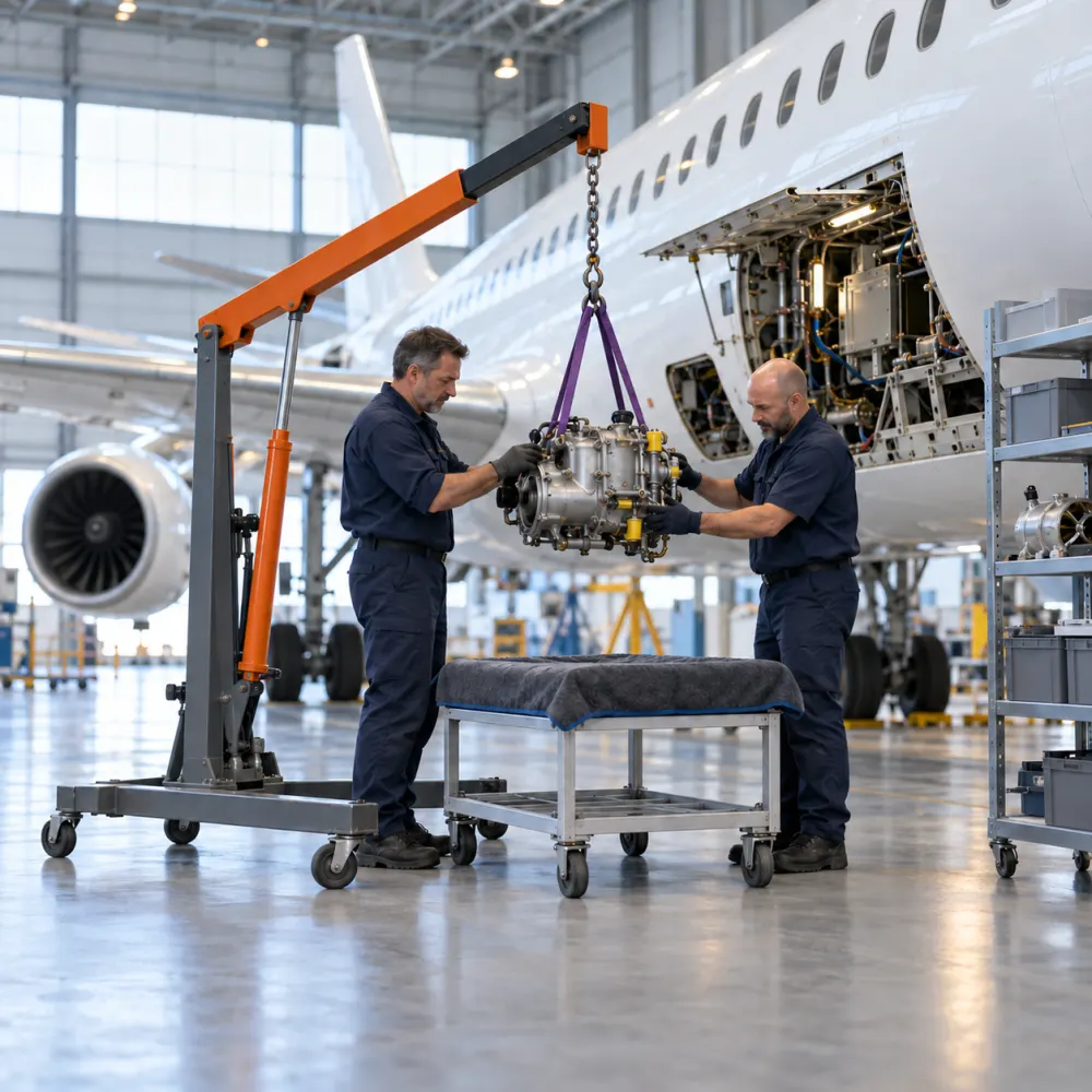 Technicians removing a component from an aircraft being dismantled in a hangar