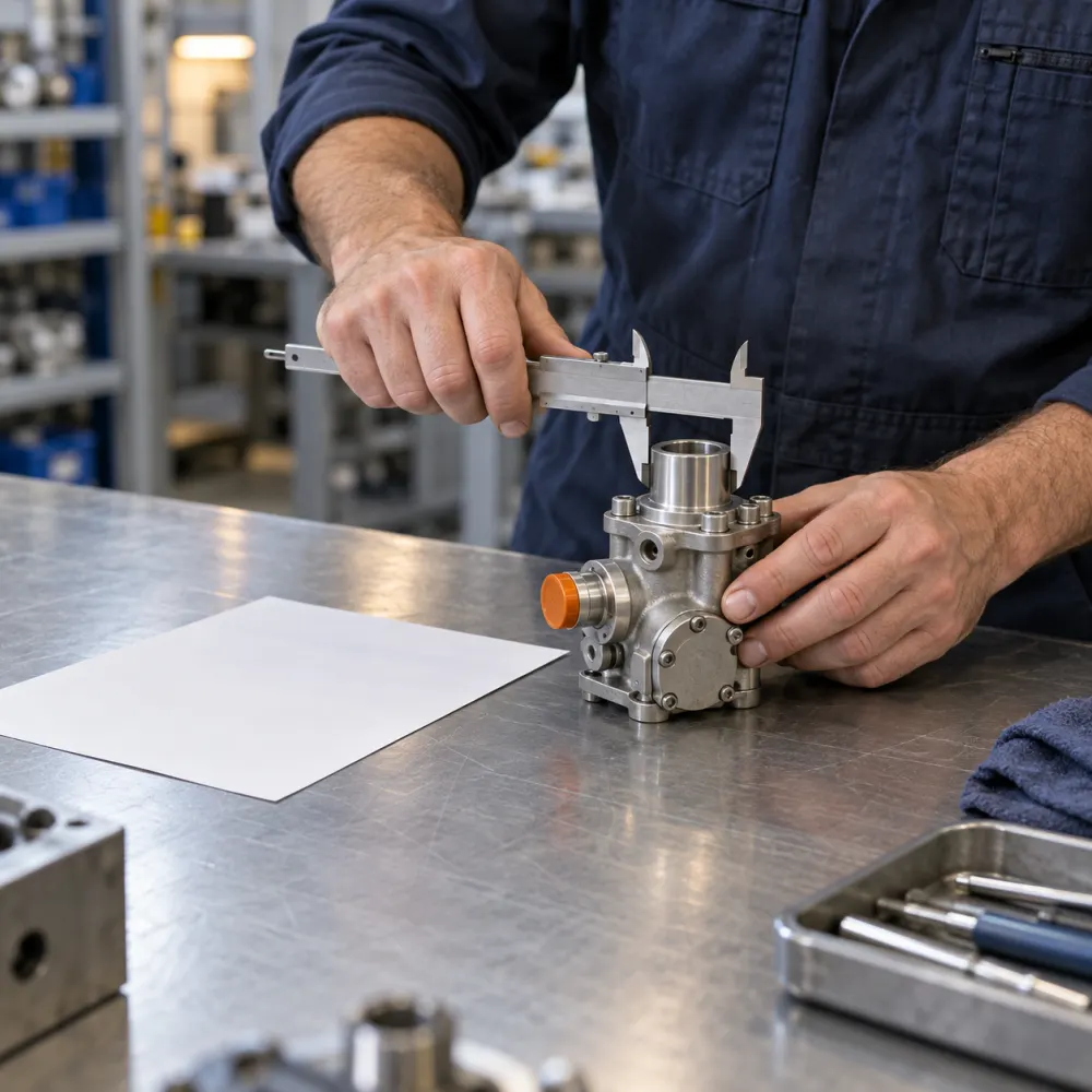 Technician measuring a component with a caliper next to a work order