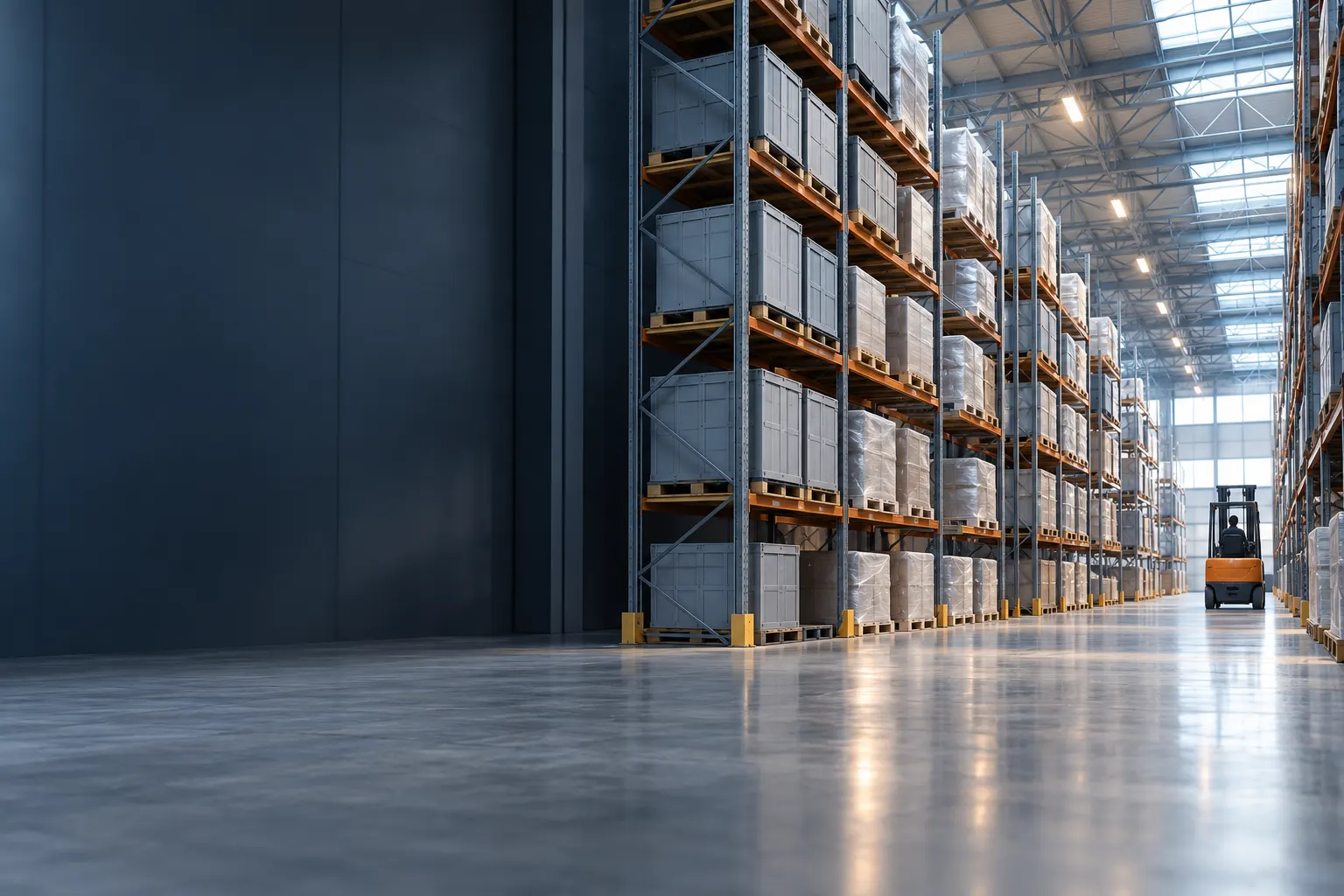 Large aviation parts warehouse with tall racks of part containers