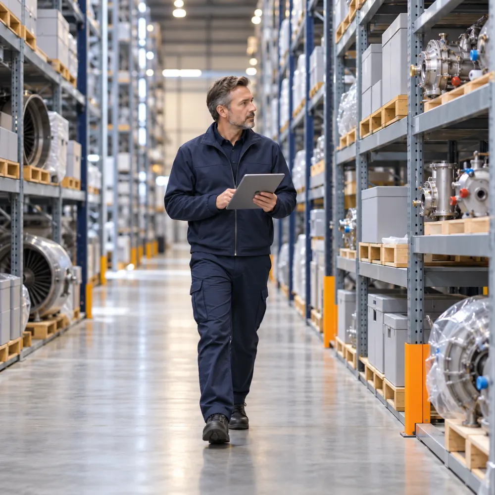 Logistics manager with a tablet walking along racks of aircraft parts