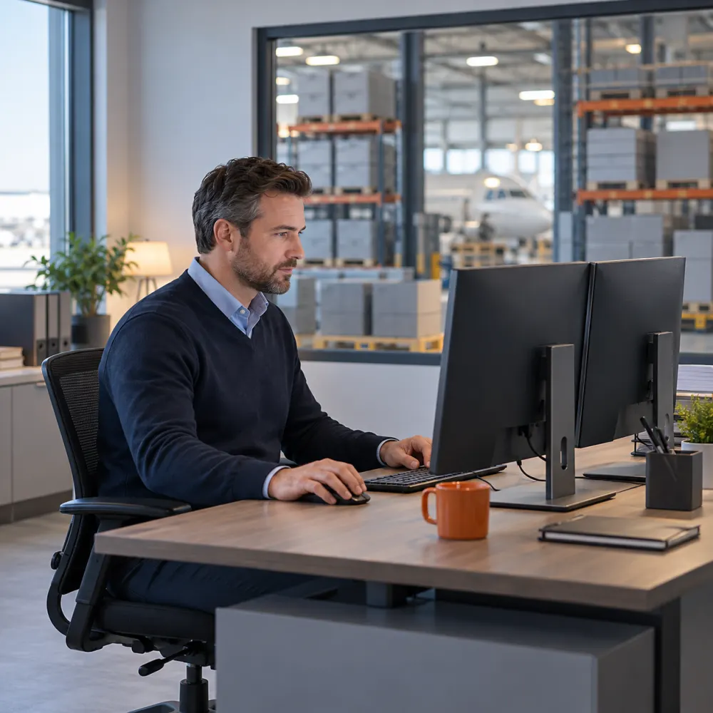 Sales manager working through an inventory spreadsheet at a desk