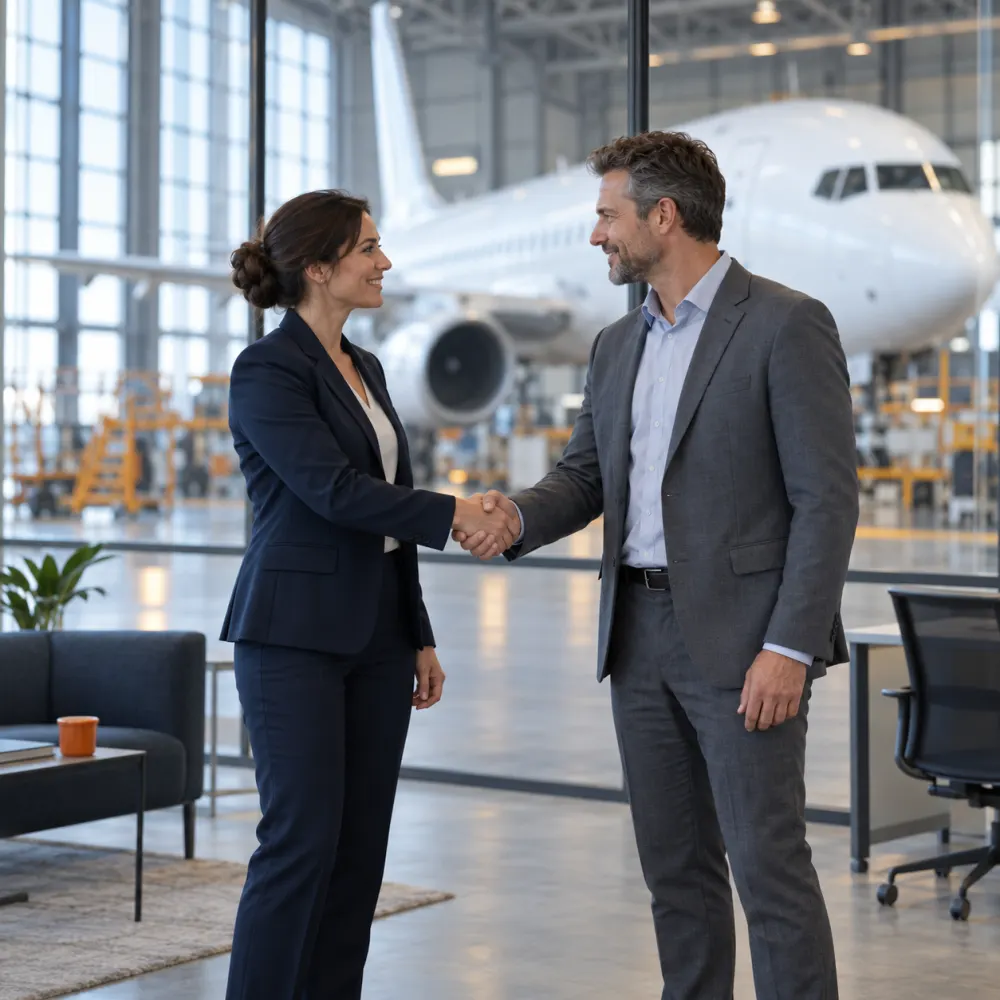 Two aviation professionals shaking hands in a hangar office