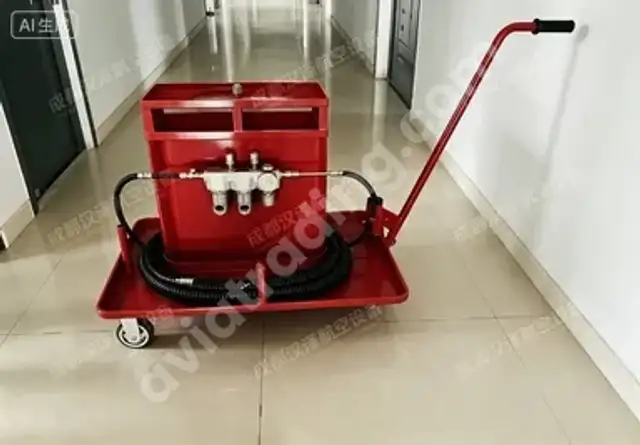 98A55308440001, Mobile aircraft fluid service cart, condition: As Removed. Portable wheeled trolley equipped with pipeline assembly, used for aircraft fluid filling, transfer and maintenance operations.